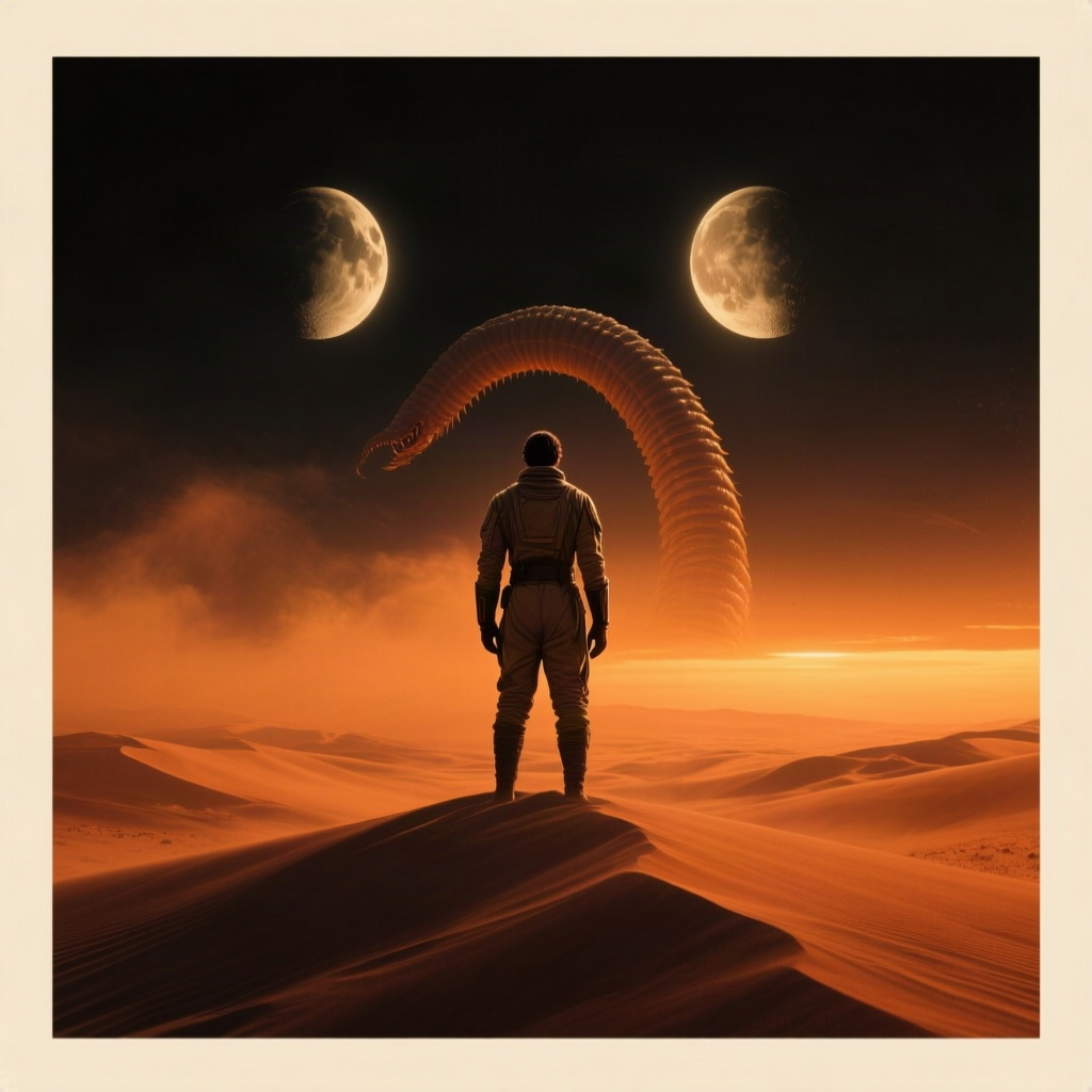 Epic movie poster for Dune, square. Central figure of Paul Atreides in a stillsuit, standing on a vast sand dune under t