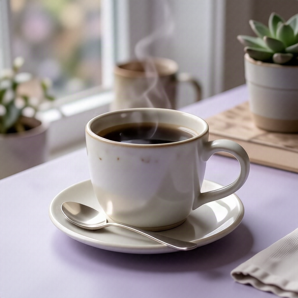 A clean square social media post image of a ceramic coffee cup on a pale lavender desk, soft morning light, blue and vio