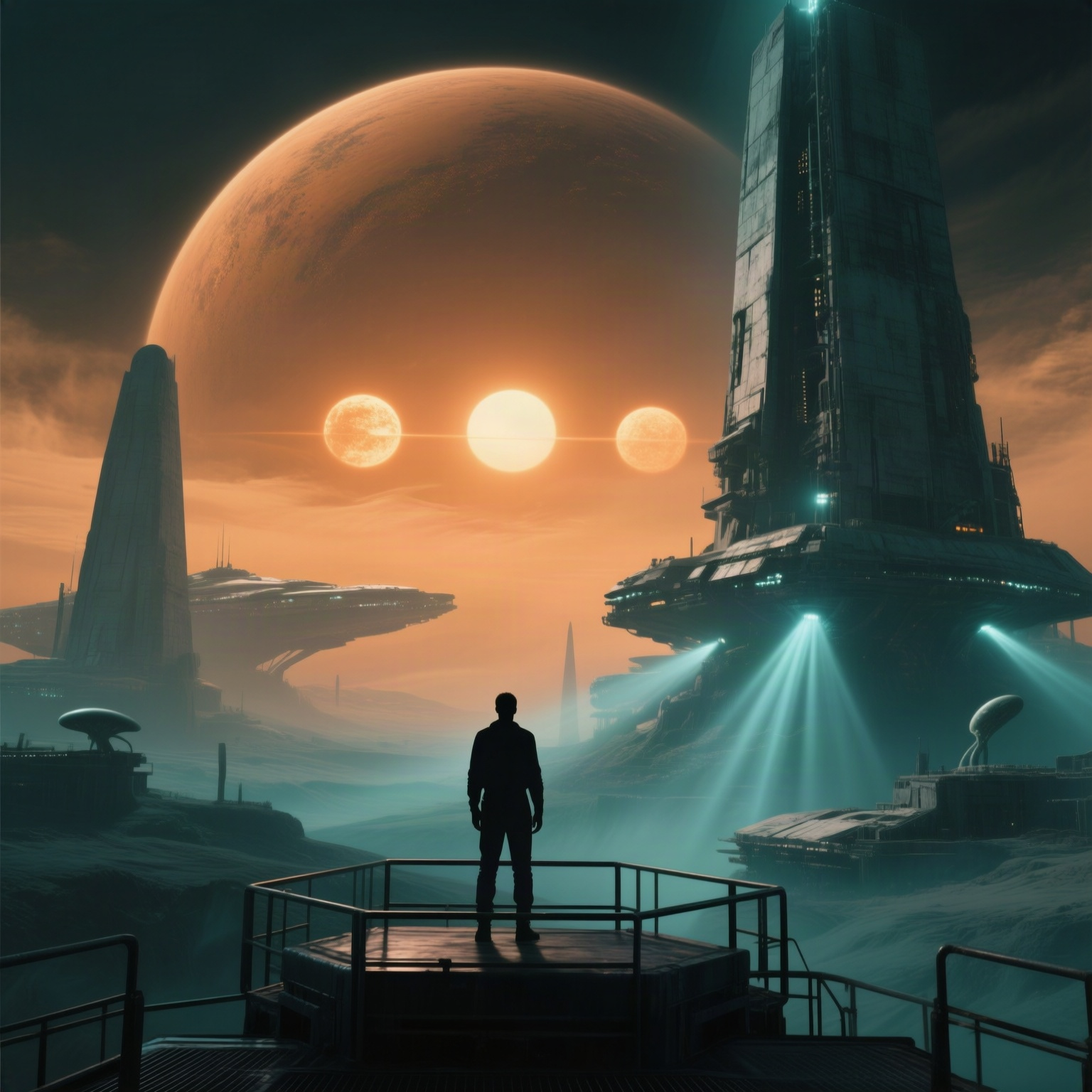 Cinematic still from a high-budget science fiction film inspired by The Three Days and Three Suns, a massive alien plane