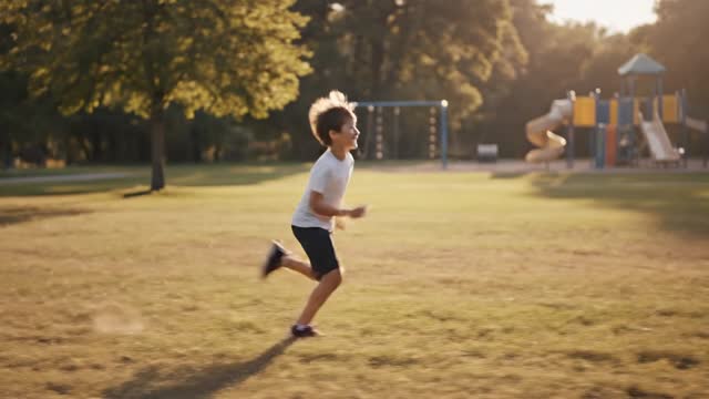 A cheerful 8-year-old child sprints joyfully across a sunlit grassy park, arms pumping, hair bouncing, feet kicking up s